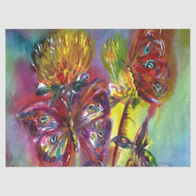 RED BUTTERFLIES ON YELLOW THISTLES,BLUE SKY Floral Tissue Paper (Front)