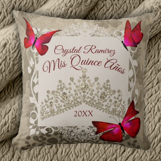 Red Butterflies, Taupe Tiara Quinceanera Pillow (Beige and red quinceanera throw pillow, beautiful red butterflies and border, gold tiara)