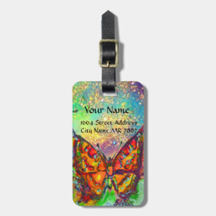 RED BUTTERFLY BLUE GOLD YELLOW SPARKLES MONOGRAM LUGGAGE TAG