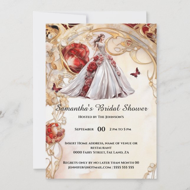 Red butterfly floral rose bride 2 be bridal shower invitation (Front)