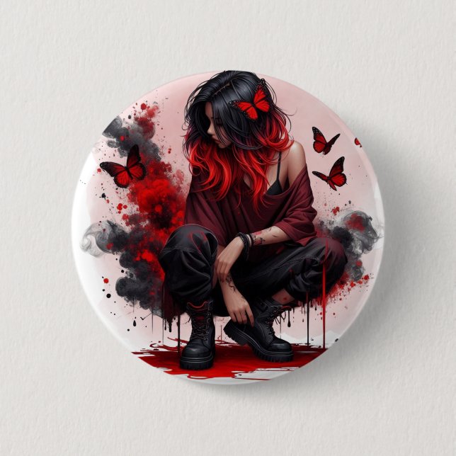 Red butterfly grunge girl 6 cm round badge (Front)