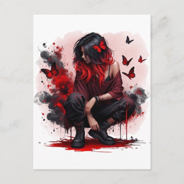 Red butterfly grunge girl postcard (Front)