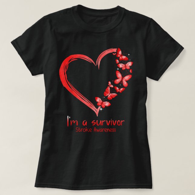 Red Butterfly Heart I'm A Survivor Stroke Awarenes T-Shirt (Design Front)