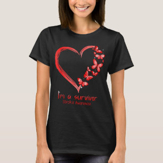 Red Butterfly Heart I'm A Survivor Stroke Awarenes T-Shirt