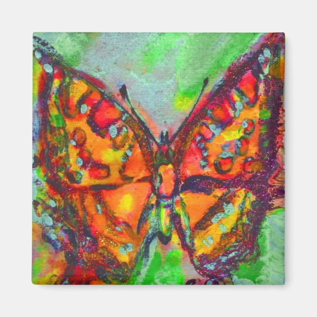 RED BUTTERFLY IN BLUE GREEN GOLD SPARKLES MAGNET (Front)
