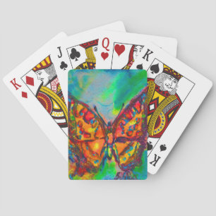 RED BUTTERFLY IN BLUE GREEN GOLD SPARKLES PLAYING CARDS