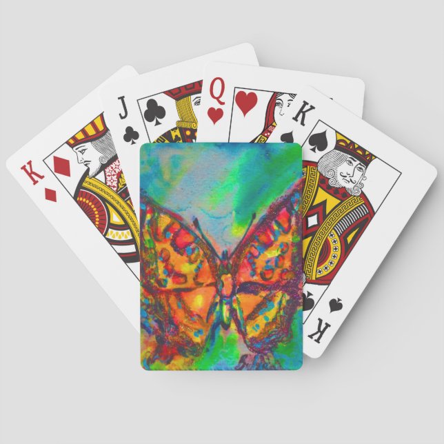 RED BUTTERFLY IN BLUE GREEN GOLD SPARKLES PLAYING CARDS (Back)