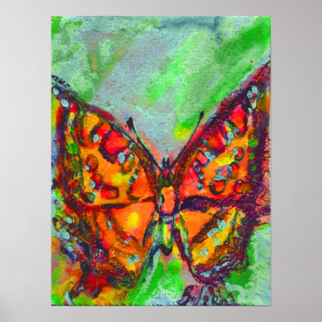 RED BUTTERFLY IN BLUE GREEN TEAL GOLD SPARKLES POSTER (Front)