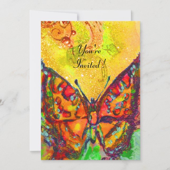 RED BUTTERFLY IN YELLOW BROWN GOLD SPARKLES INVITATION (Front)
