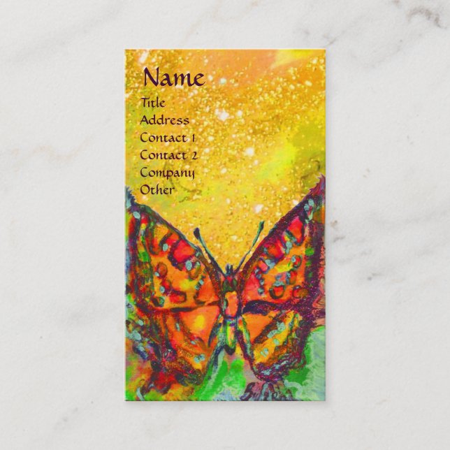 RED BUTTERFLY IN YELLOW GOLD SPARKLES Monogram Business Card (Front)