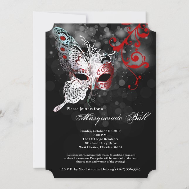 Red Butterfly Masquerade Mask Costume Halloween Invitation (Front)