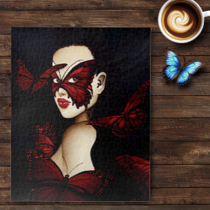Red Butterfly Masquerade Woman Gothic Fantasy Jigsaw Puzzle