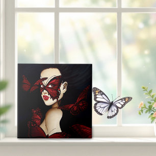 Red Butterfly Masquerade Woman Gothic Fantasy Tile