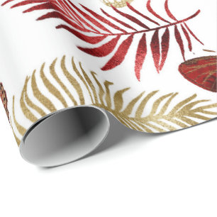 Red Butterfly Palm Leaf Floral Elegant Gold White Wrapping Paper