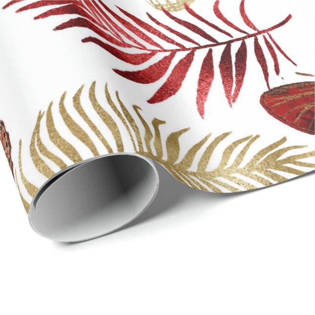 Red Butterfly Palm Leaf  Floral Elegant Gold White Wrapping Paper (Roll Corner)