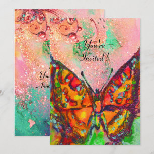 RED BUTTERFLY PINK FUCHSIA GOLD SPARKLES Sweet 16 Invitation