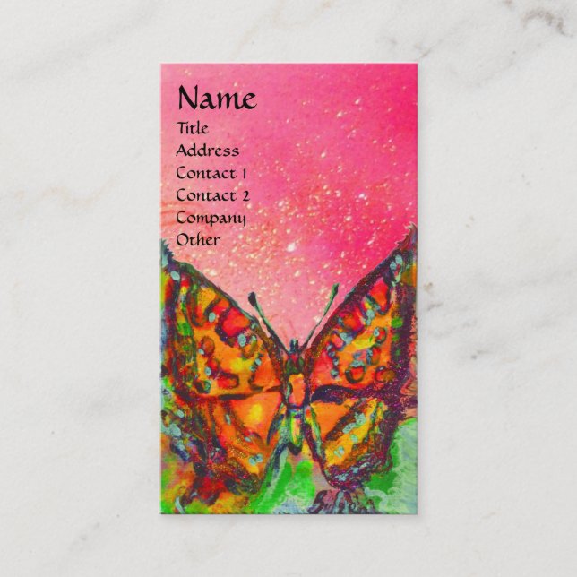 RED BUTTERFLY  PINK YELLOW GOLD SPARKLES Monogram Business Card (Front)