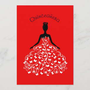 Red Butterfly Quinceanera Ball Gown Invitation