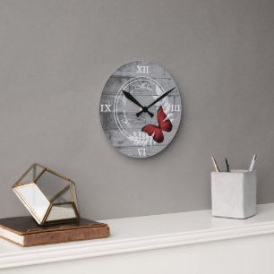 Red Butterfly Rustic Acrylic Wall Clock