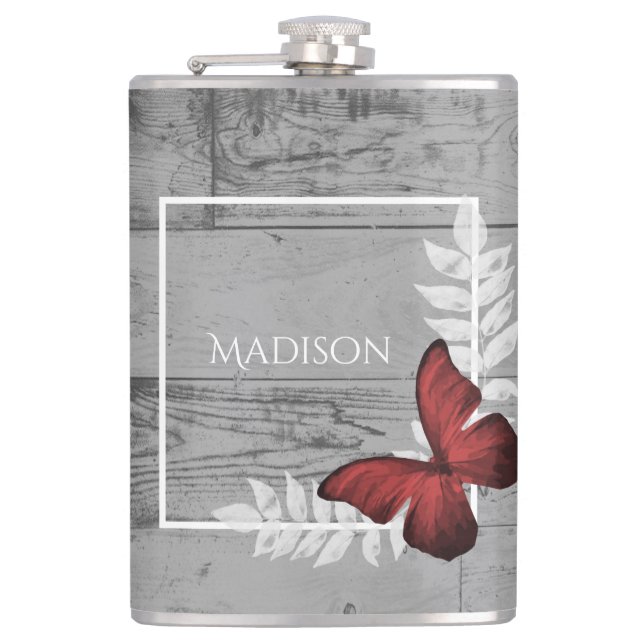Red Butterfly Rustic Flask (Front)