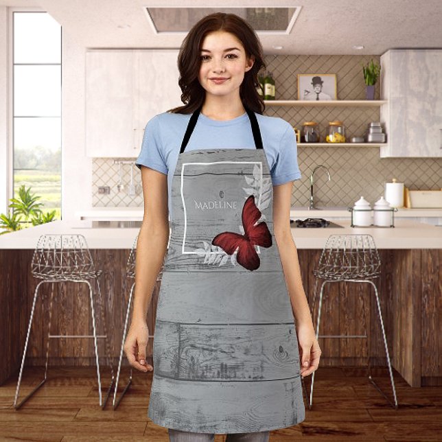 Red Butterfly Rustic Personalised Apron (Red Butterfly Rustic Personalized Apron)