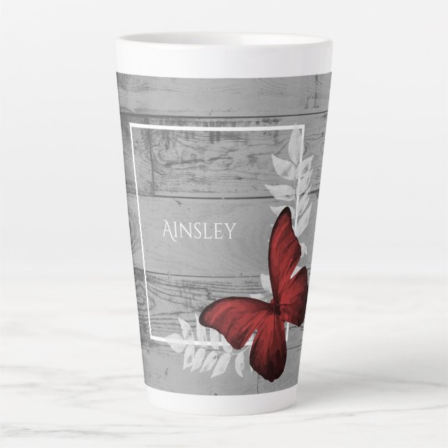 Red Butterfly Rustic Personalised Latte Mug (Front)