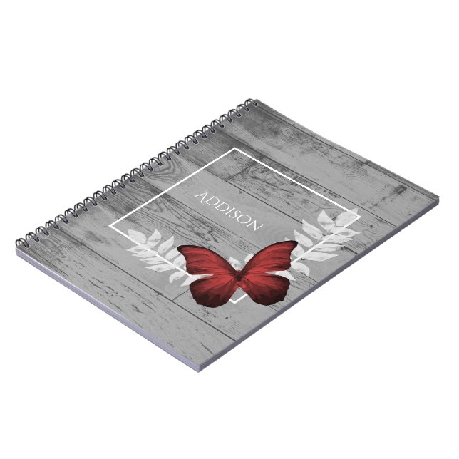 Red Butterfly Rustic Personalised Notebook (Left Side)
