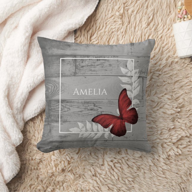 Red Butterfly Rustic Throw Pillow (Blanket)