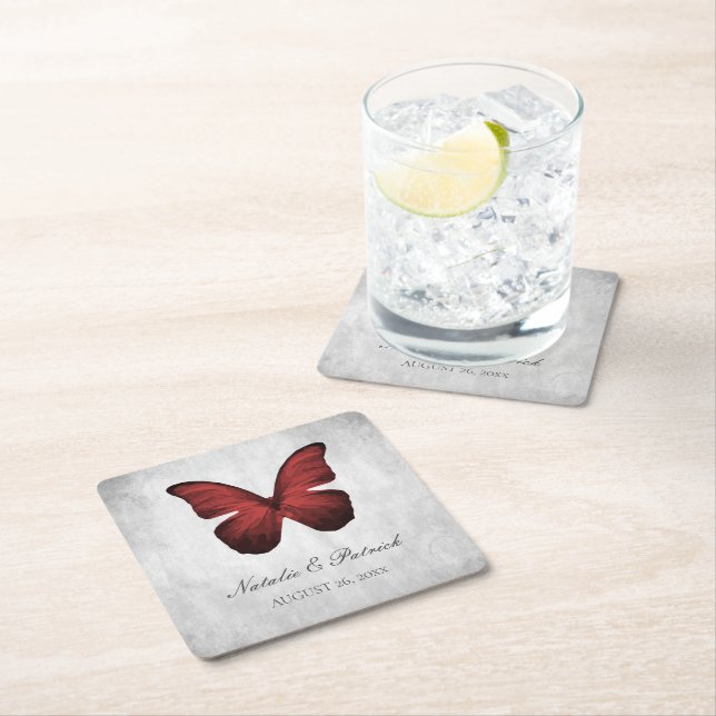 Red Butterfly Wedding Paper Coasters (Insitu)