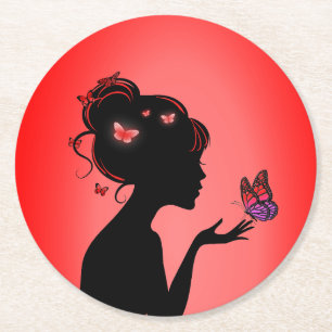 Red Butterfly Women's Paper Bench Round Paper Coaster