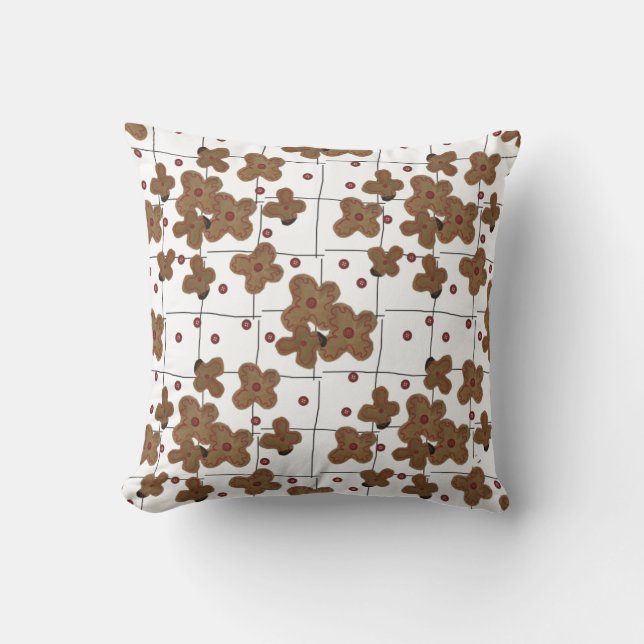 Red Buttons Brown Paper Flowers on White Cushion (Front)