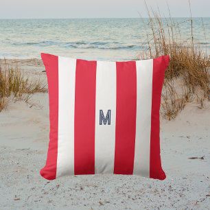 Red Cabana Stripe & Personalised Navy Monogram Cushion