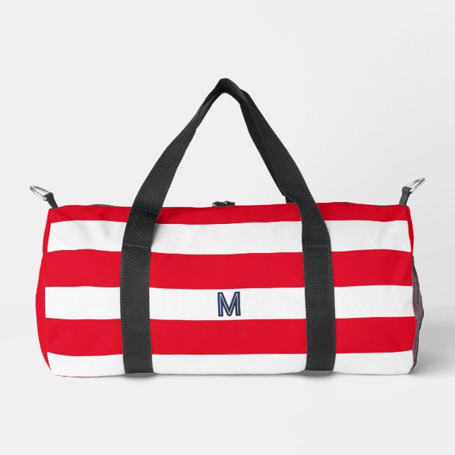 Red Cabana Stripe & Personalised Navy Monogram Duffle Bag (Front)