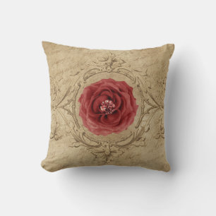 Red Cabbage Rose Within an Antique Style Frame Cushion