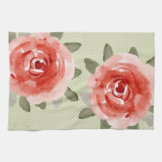 Red Cabbage Roses on White and Lime Dots Towels (Horizontal)