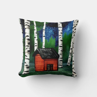 Red Cabin in Birch Forest Cushion