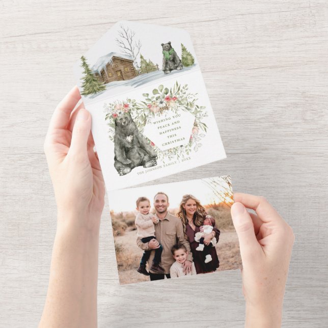 Red Cabin in the Woods w/ Bear  | Photo Christmas  All In One Invitation (Tearaway)