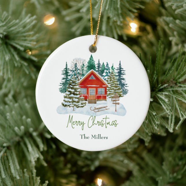 Red Cabin Merry Christmas Customisable Name   Ceramic Tree Decoration (Tree)