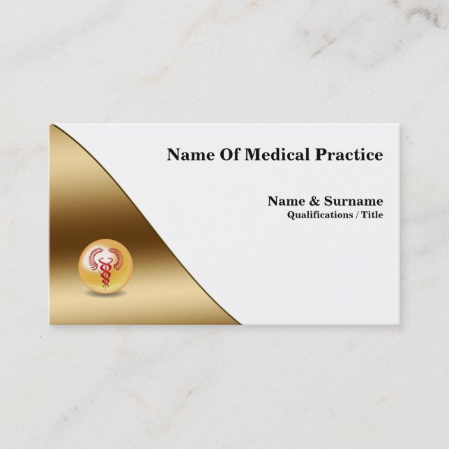 Red caduceus faux gold banner medical doctor business card (Front)