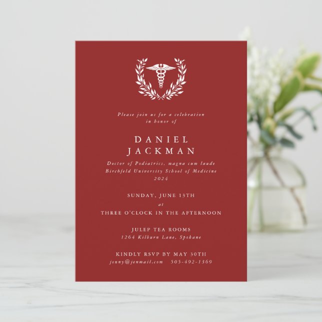 Red Caduceus Medical School Graduation Invitation (Standing Front)