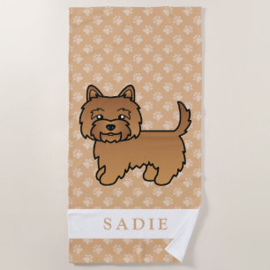 Red Cairn Terrier Dog Illustration & Custom Name Beach Towel