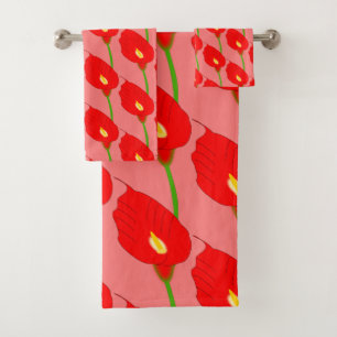 Red Cala Lily Design Bath Towel Set