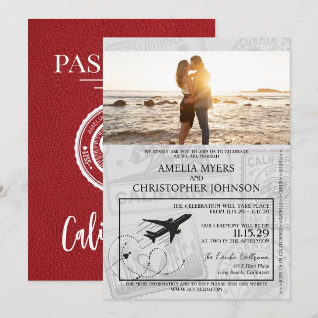 Red California Passport Wedding Invitation (Front/Back)