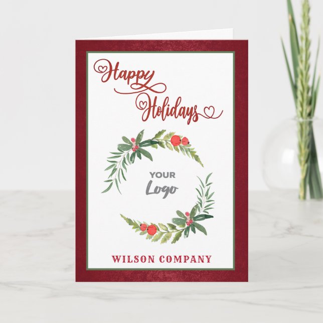 Red calligraphy happy holidays custom logo  holida holiday card (Front)