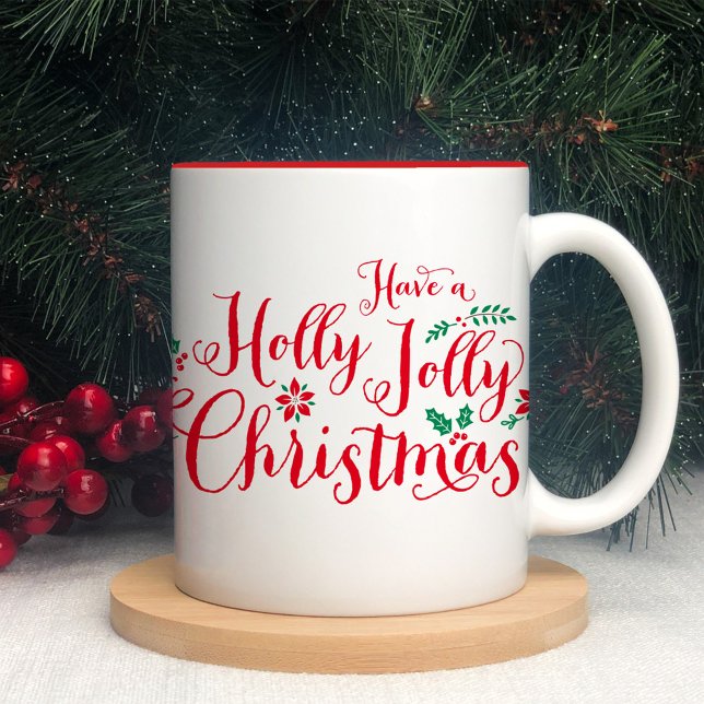 Red Calligraphy Holly Jolly Christmas Two-Tone Coffee Mug (Creator Uploaded)
