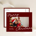 Red Calligraphy Merry Christmas Modern Photo Holiday Postcard<br><div class="desc">Red Calligraphy Merry Christmas Modern Photo Holiday Postcard. Send Holiday Greetings to your loved ones with this festive and Modern Holiday Card. All the texts are pre-arranged for you to personalise easily and quickly with your own details. Happy Holidays!</div>
