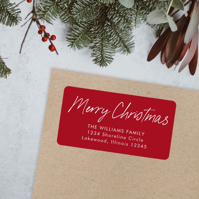 Red Calligraphy Merry Christmas Return Address Label (Creator Uploaded)
