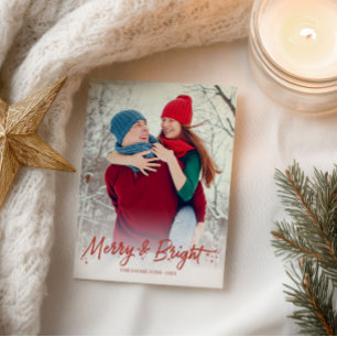 Red Calligraphy Photo Merry And Bright Christmas Postcard