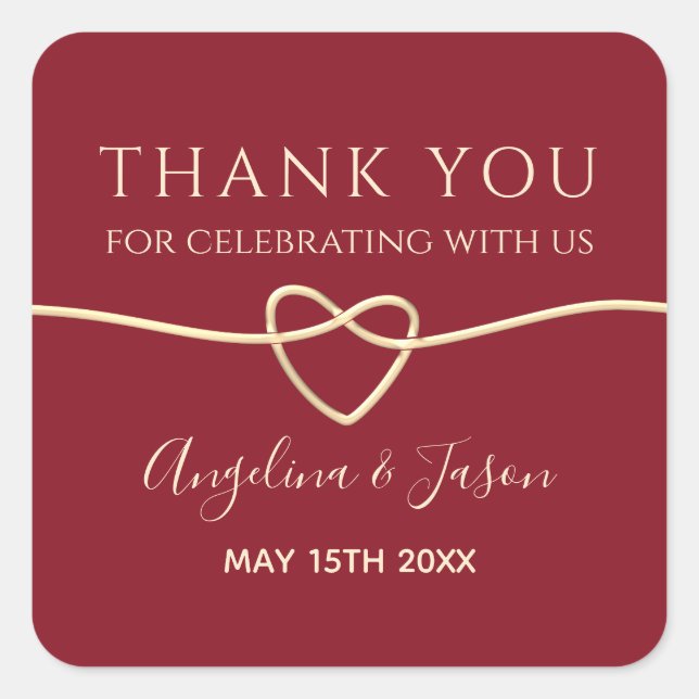 Red Calligraphy Wedding Thank You Favour Square Sticker (Front)