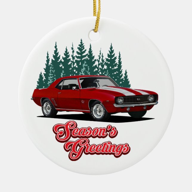 Red Camaro Season's Greetings Ceramic Tree Decoration (Front)